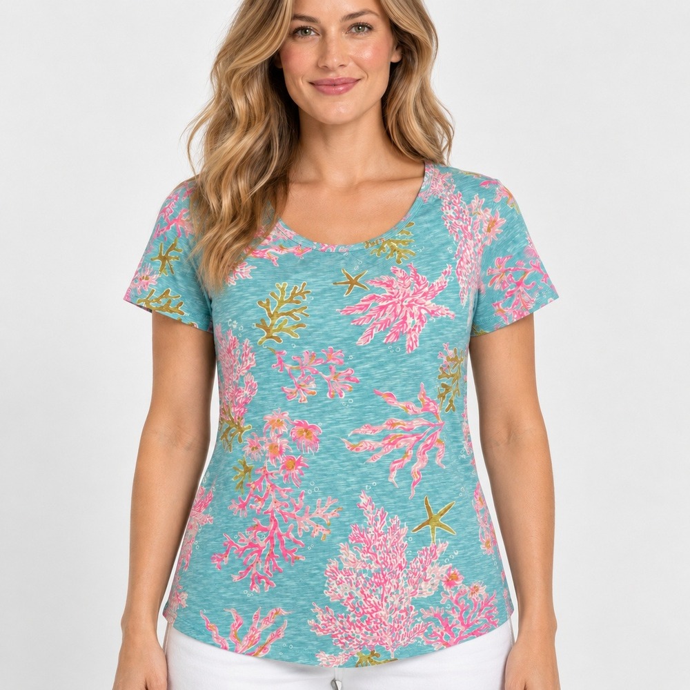 Lilly Pulitzer Blue Pink Coral Starfish Sea Life Slub Cotton T-Shirt Womens M